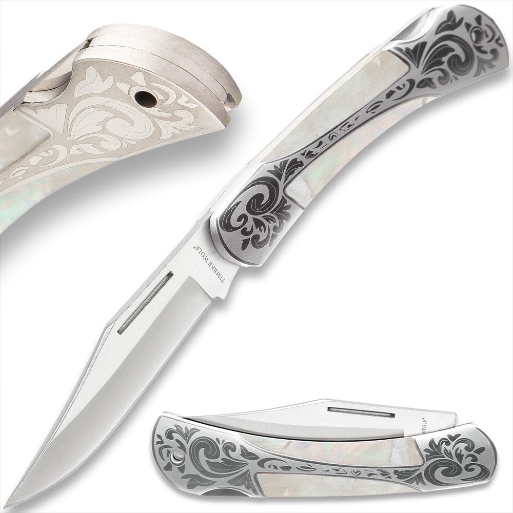 Timber Wolf Gentleman’s Genuine Pearl Pocket Knife | 3 1/4” Stainless Steel Clip Point Blade | Genuine Pearl Inlays | Nickel Silver Bolsters | Lockback Mechanism | 7 1/2" Overall Length