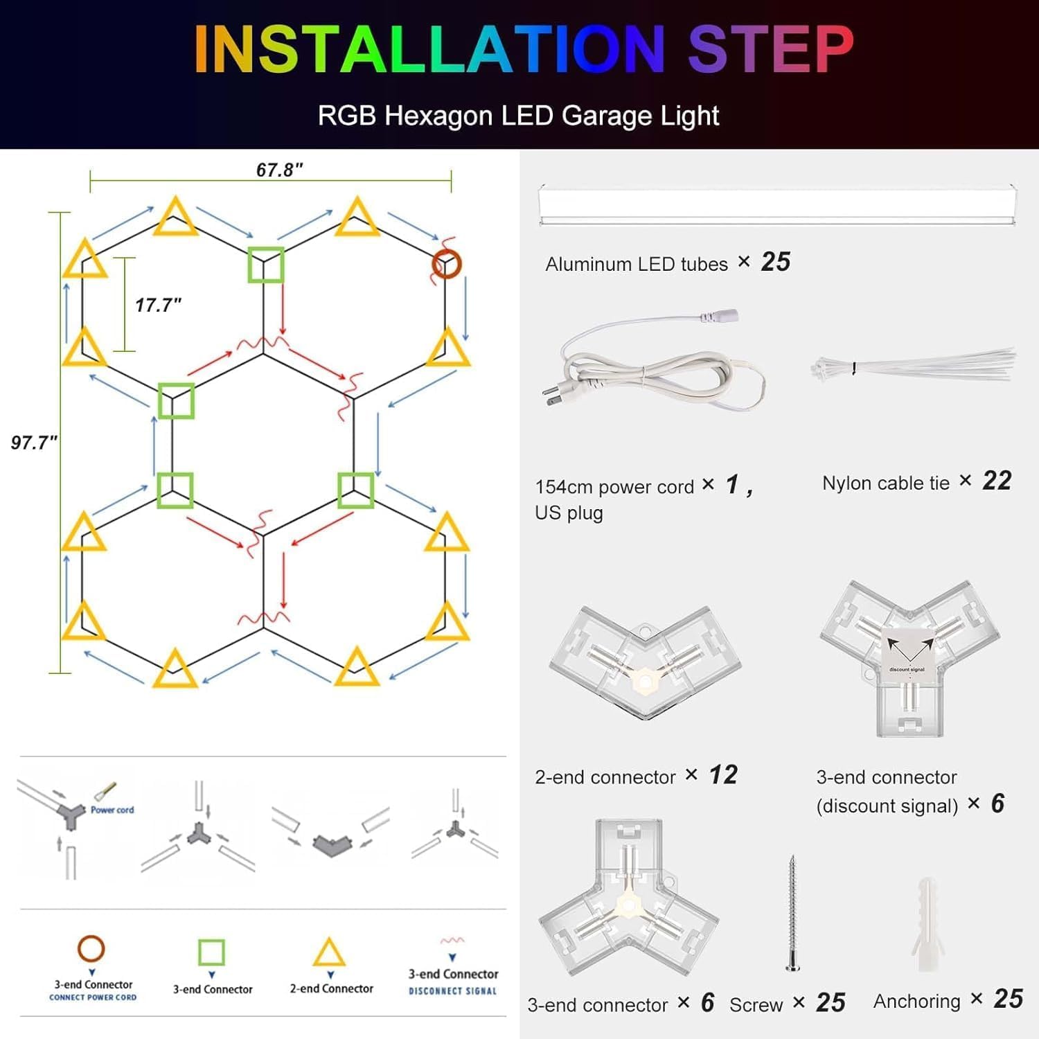 GELTTULU Hexagon LED Lights,25 Pack LED Hexagon Garage Light RGB, LED Garage Lights with Color Changing Bright Lighting Car Detailing LED Shop Light Hexagon for Garage Basement Gym Bar...