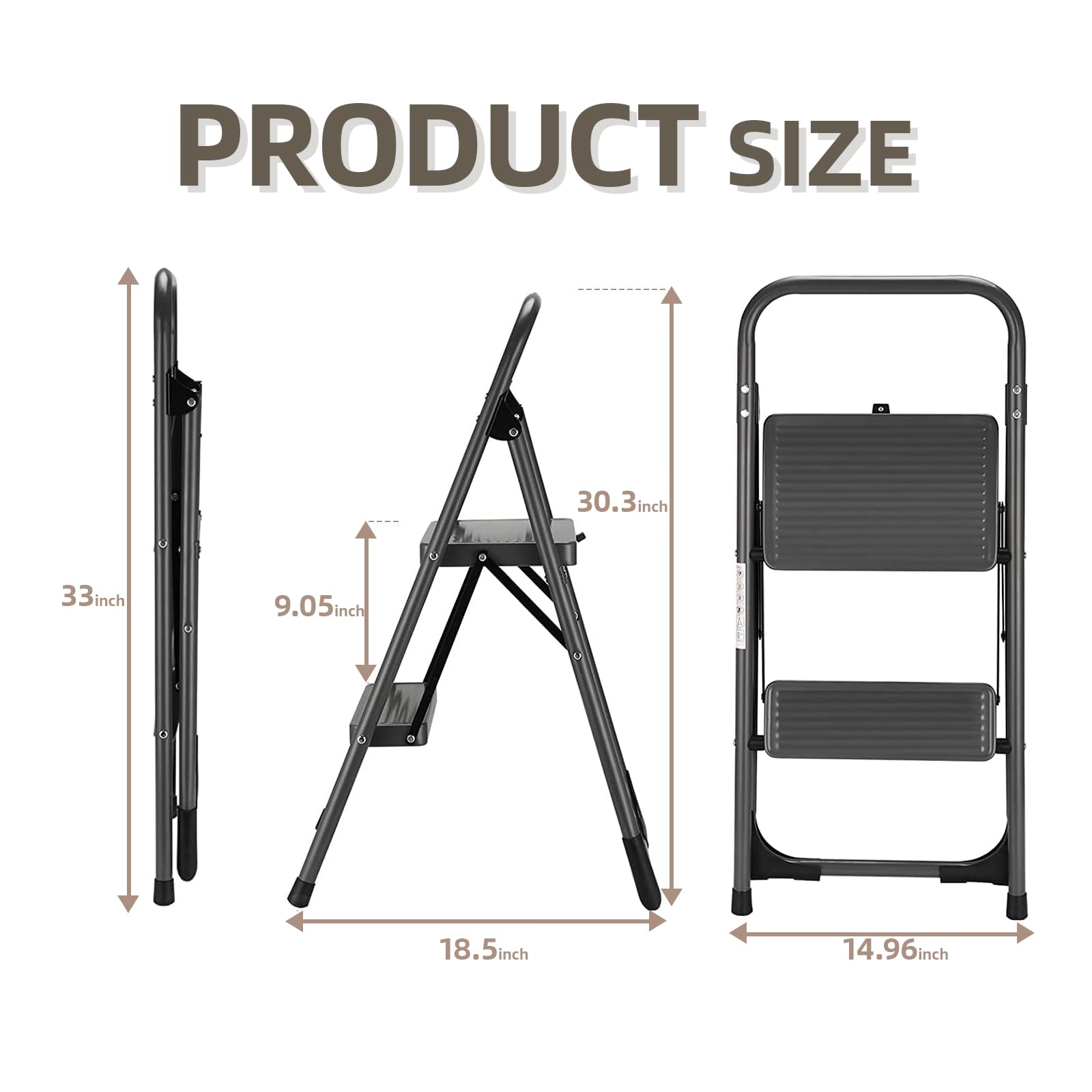 Step Ladder Folding 2 Step Stool Adult with Wide & Anti-Slip Pedals Ergonomic Portable Steel Ladder for Household, Kitchen, Office 330LBS (Gray, 2 Step)