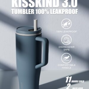 KISSKIND 40 oz Tumbler with Handle and Straw, 100% Leakproof Stainless Steel Vacuum Insulated Cup Travel Coffee Mug Water Bottle, Cup Holder Friendly, Rubber Base, Gifts for Women Men (Prussian Blue)