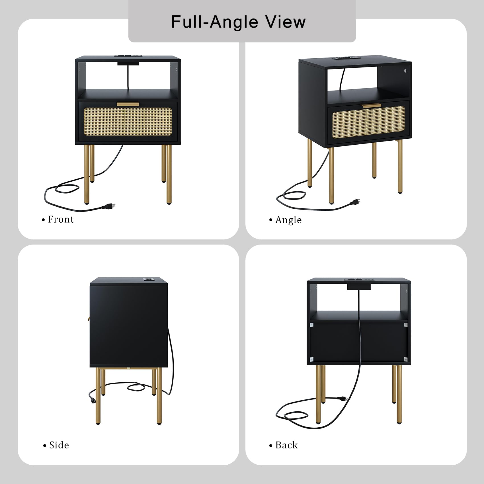 Aienvey Rattan Nightstand with Charging Station, Drawer Dresser for Bedroom, Small Bedside Table with Drawer, Night Stand, End Table with Gold Frame for Living Room, Black