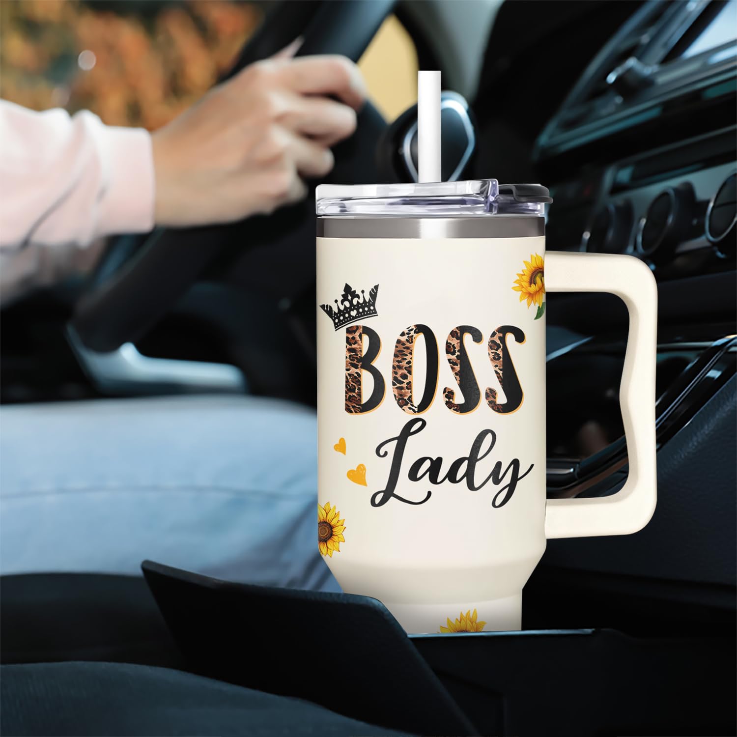 AT2Z GLOBAL Boss Lady Gifts For Women - Sunflower Gifts For Women Boss Day, Administrative Professional Day, Christmas - Thank You Gifts for Boss Lady, Manager - Boss Lady Tumbler 40oz with Handle