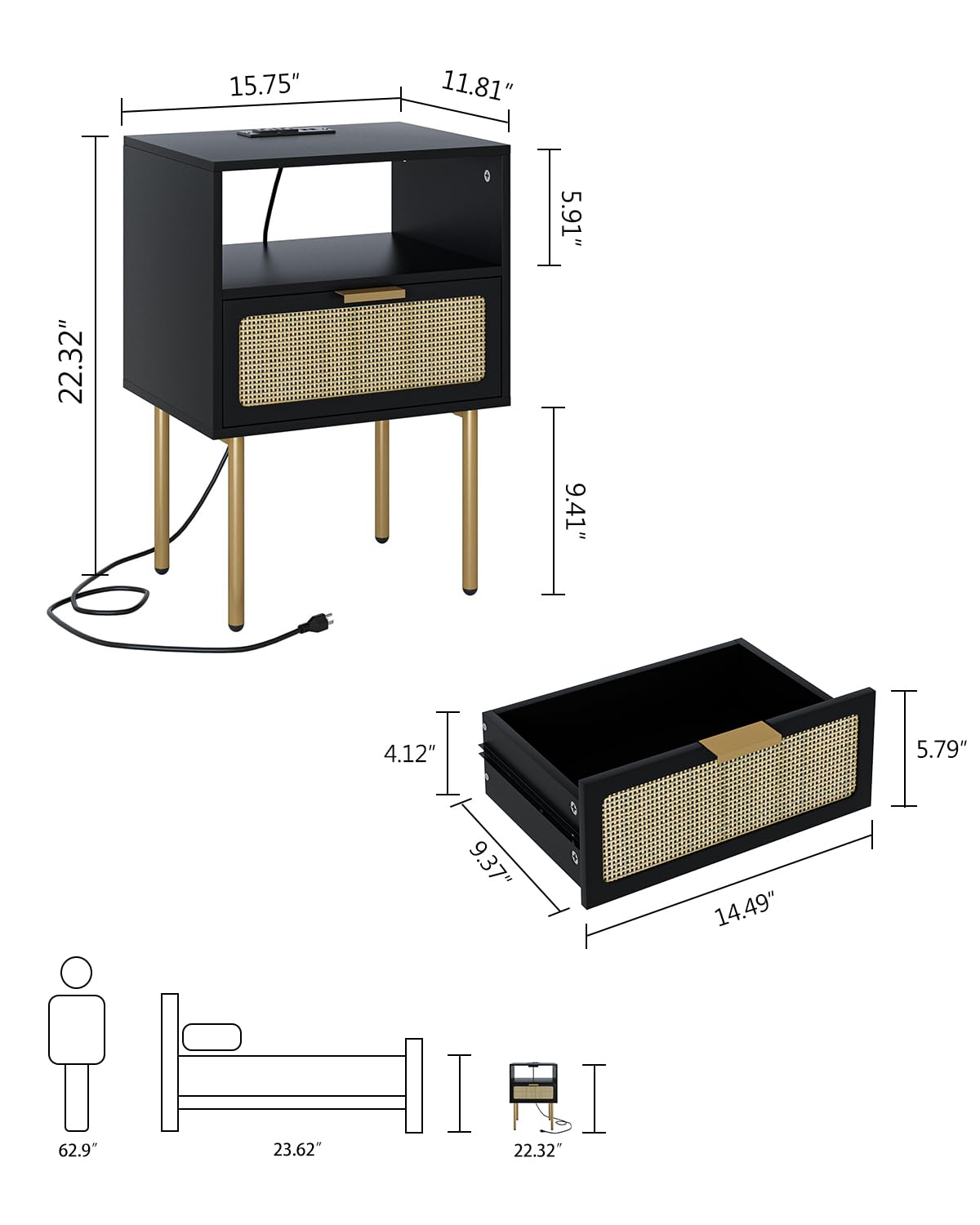 Aienvey Rattan Nightstand with Charging Station, Drawer Dresser for Bedroom, Small Bedside Table with Drawer, Night Stand, End Table with Gold Frame for Living Room, Black