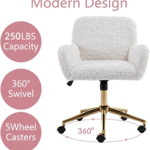 White Faux Fur Home Office Chair,Upholstered Elegant Desk Chair Makeup Vanity Chair for Girls,Swivel Desk Chair with Gold Base,Height Adjustable Tiltable Computer Chair,Cute Desk Chair for Kids