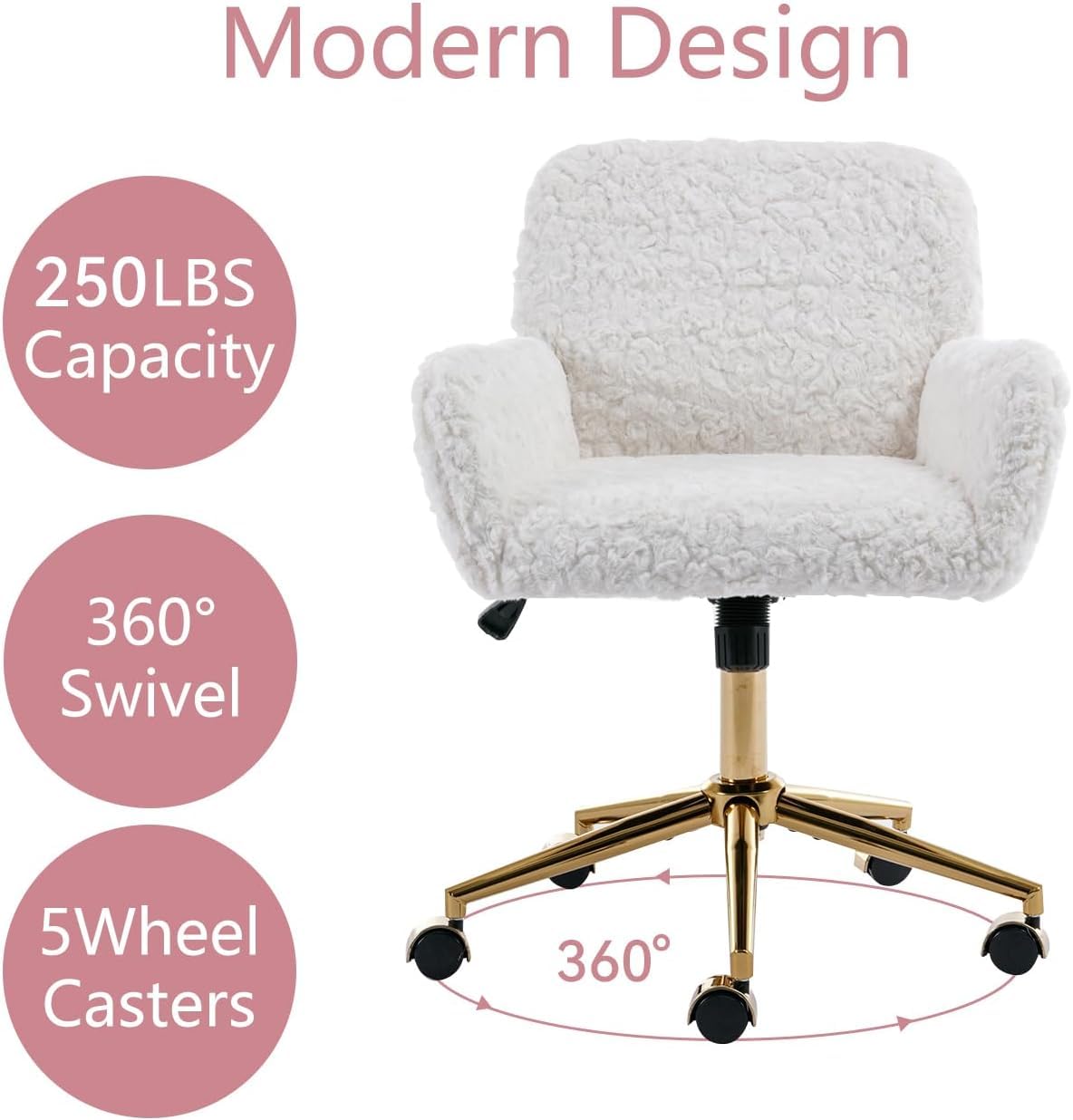 White Faux Fur Home Office Chair,Upholstered Elegant Desk Chair Makeup Vanity Chair for Girls,Swivel Desk Chair with Gold Base,Height Adjustable Tiltable Computer Chair,Cute Desk Chair for Kids