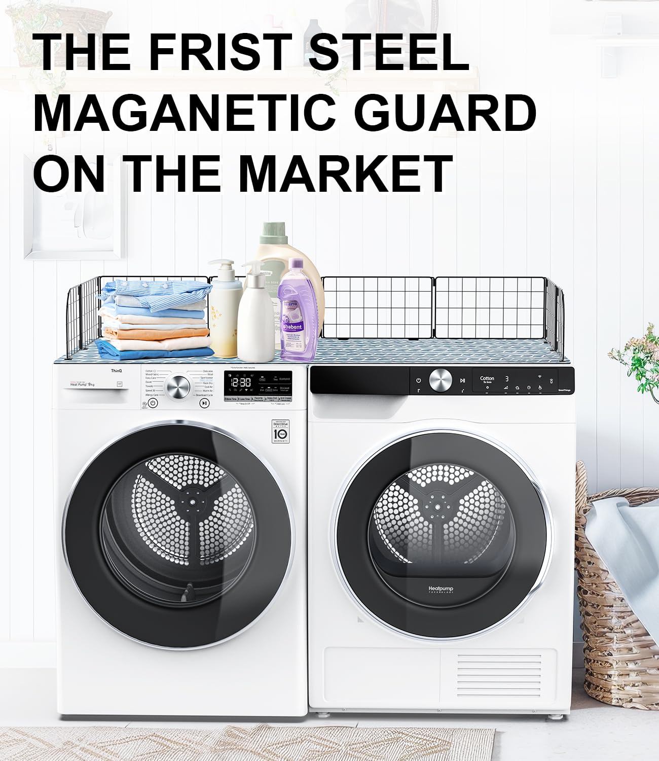 Magnetic Laundry Guard, 49.5'' Wide Metal Laundry Guards for Washer and Dryer with Silicone Gap Cover, Washer Dryer Countertop Organization, Laundry Topper For Most Front-Load and Flat-top Machine