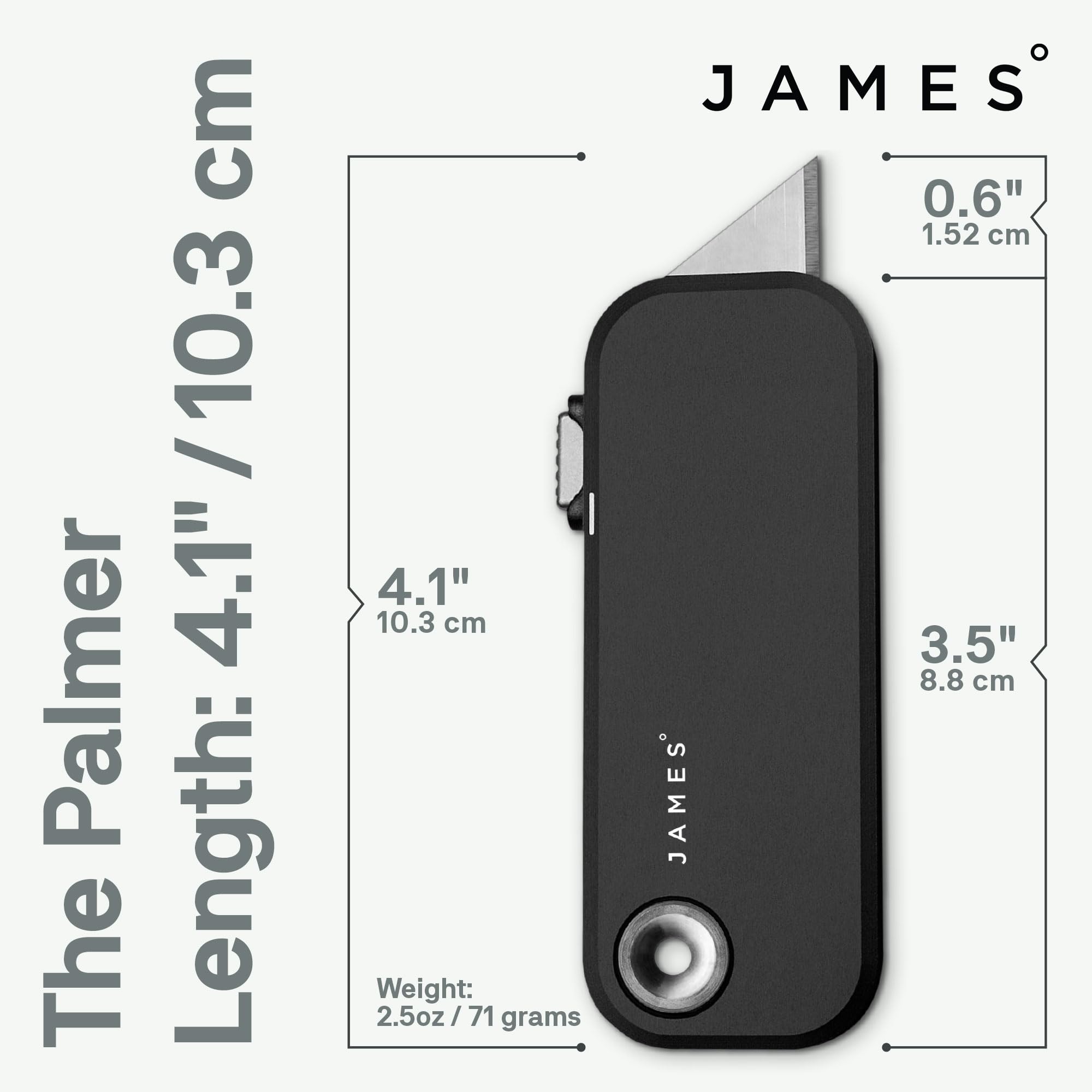 JAMES° The Palmer Utility Knife, Anodized Aluminum Handles, Buttery Smooth Action, Refined Tool Free Blade Changes, Black Grip