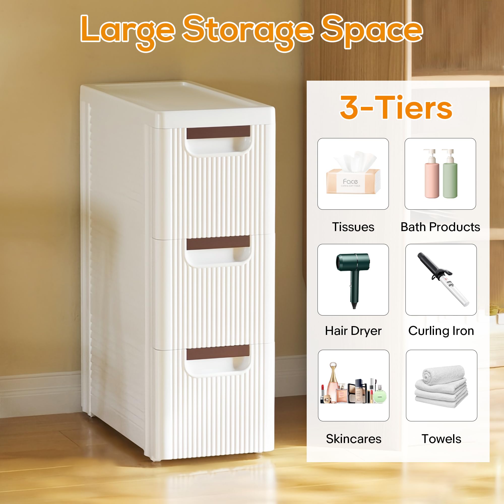 3 Drawers Slim Bathroom Storage Cabinet Dresser, Narrow Plastic Rolling Cart Organizer with Drawers, for Small Spaces, Kitchen, Laundry, Office, Bedroom, White