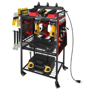 elecvoztile power tool organizer cart w/charging station, 8 ac outlets, 8 drills holders, 3-layer storage shelves, 4 wheels w/brake, more space for plier, screwdriver, hammer, wrench, etc (black)