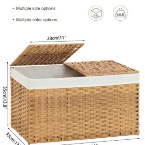 SETVSON Storage Basket with Lid Woven Storage Basket with 2 Separate Lid, 17.2 Gallon (65 L) Rattan Storage Basket Woven Storage Basket with Lid and Handles for Bedroom, Laundry Room Natural