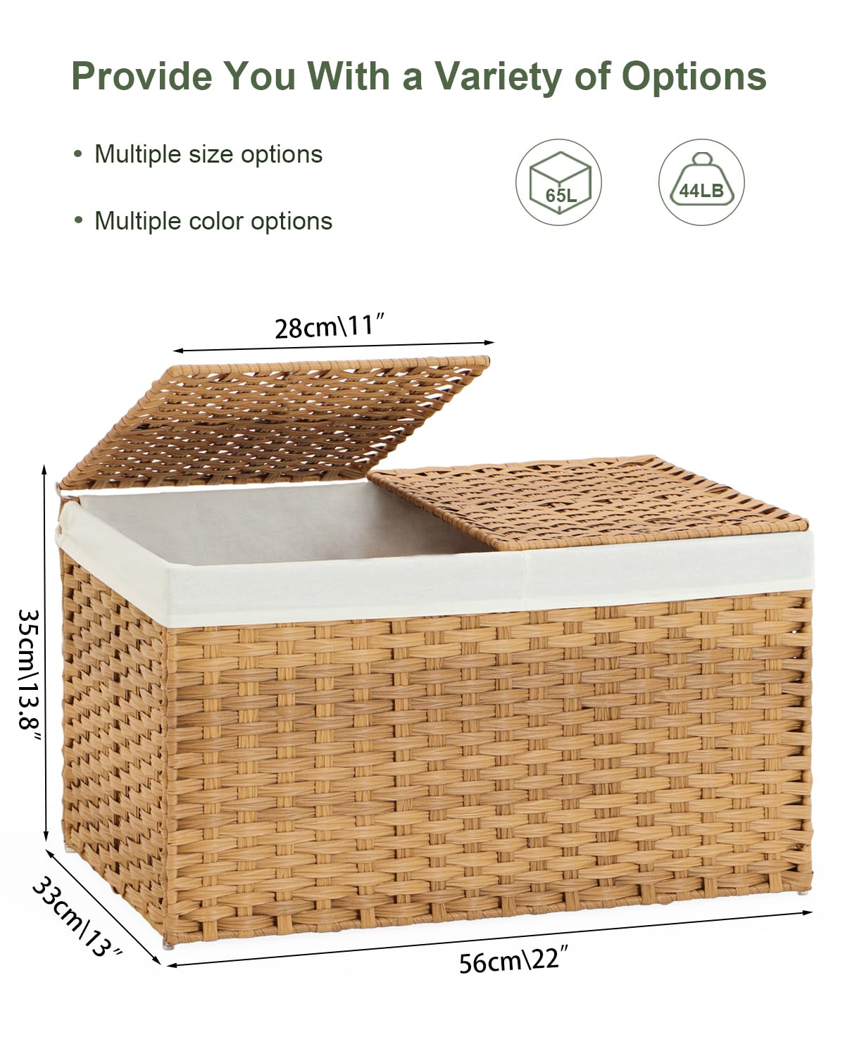 SETVSON Storage Basket with Lid Woven Storage Basket with 2 Separate Lid, 17.2 Gallon (65 L) Rattan Storage Basket Woven Storage Basket with Lid and Handles for Bedroom, Laundry Room Natural