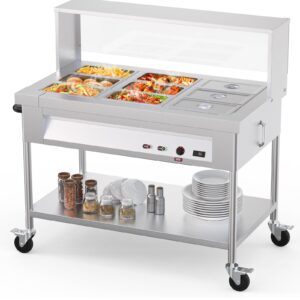 72QT Steam Table 9x8QT Electric Commercial Food Warmer 9-Pans with Acrylic Shield Stainless Steel Bain Marie Countertop with Lockable Wheels for Restaurants Buffets Party 1500W, 110V