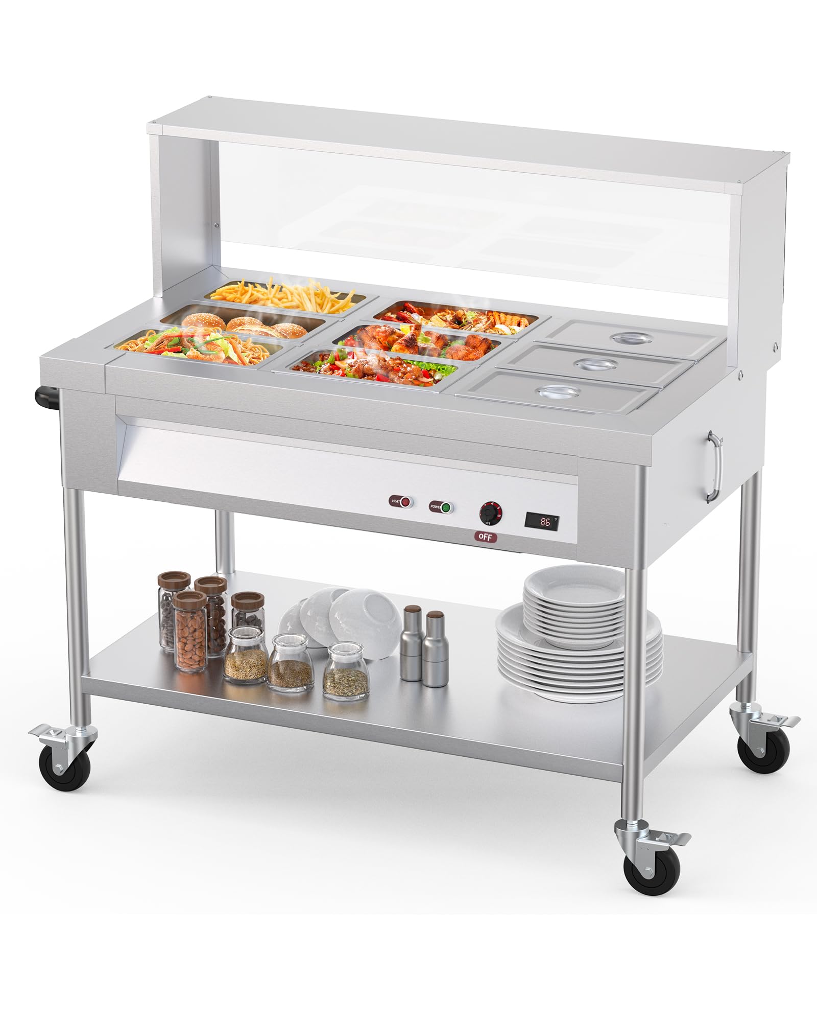 72QT Steam Table 9x8QT Electric Commercial Food Warmer 9-Pans with Acrylic Shield Stainless Steel Bain Marie Countertop with Lockable Wheels for Restaurants Buffets Party 1500W, 110V