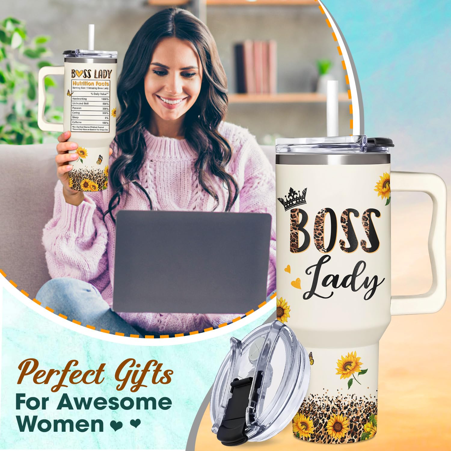 AT2Z GLOBAL Boss Lady Gifts For Women - Sunflower Gifts For Women Boss Day, Administrative Professional Day, Christmas - Thank You Gifts for Boss Lady, Manager - Boss Lady Tumbler 40oz with Handle