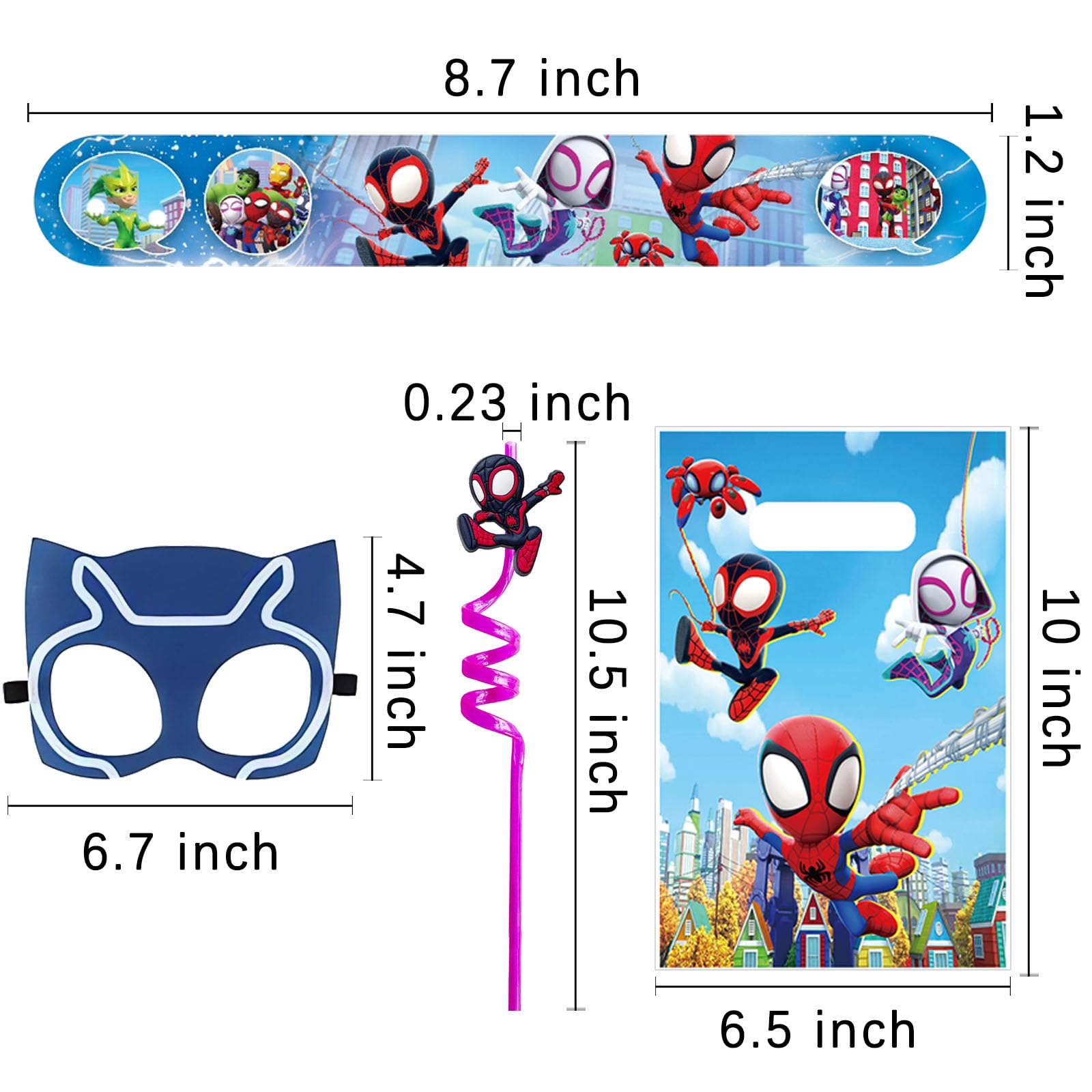 106PCS Spidey Friends Party Favor Supplies -Reusable Drinking straws Masks&Slap Bracelets Bags&Spidey Stickers Gifts for Kids Birthday Spidey Friends Themed Party Favors Birthday Decorations ﻿