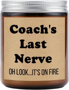 funny coach gifts for men women, 7oz soy wax lavender scented candle for coach, coach last nerve candle gifts for baseball, softball, basketball, soccer, cheer coach birthday christmas gifts