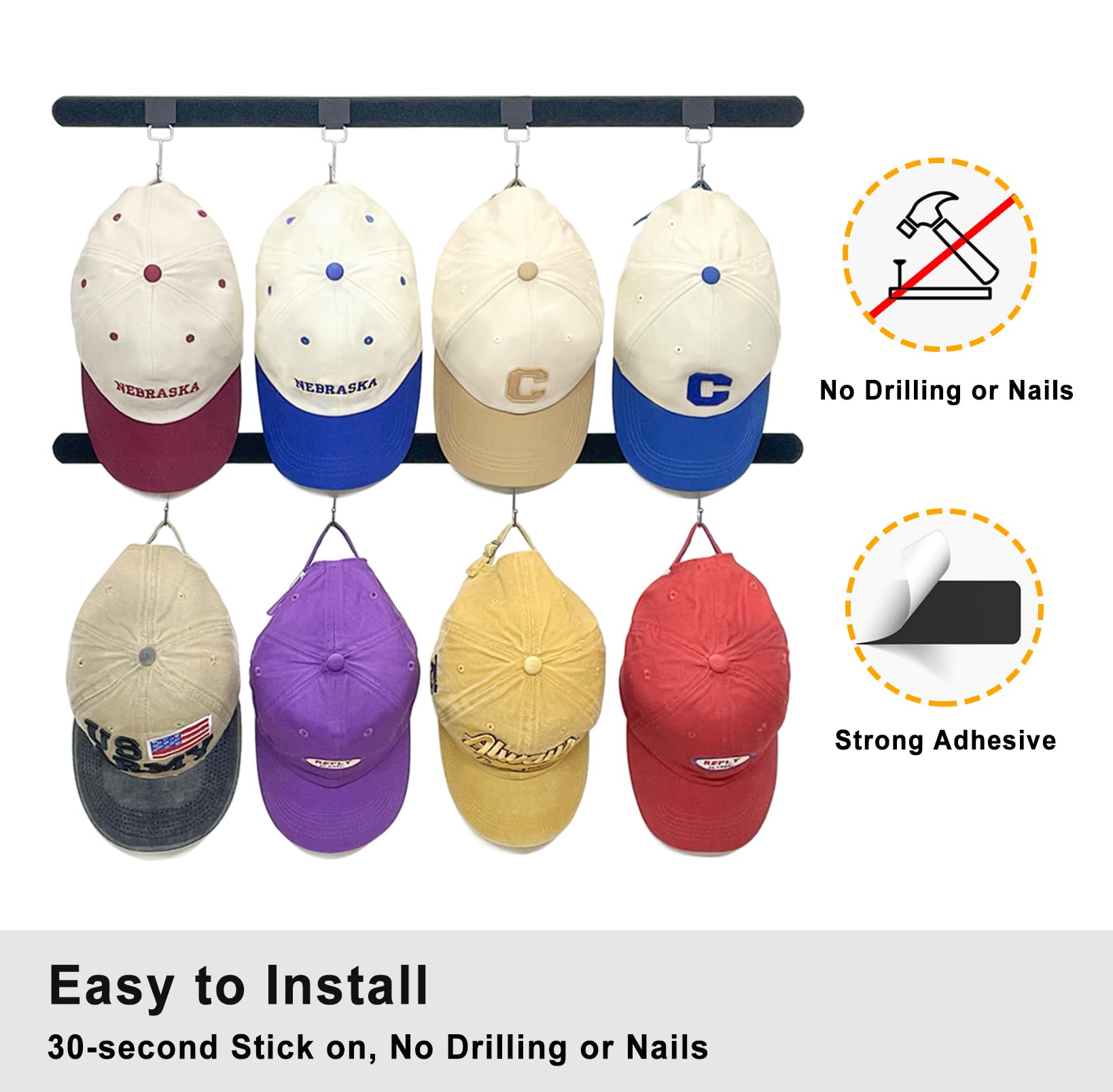 ETOWIFA Adhesive Hat Organizer Rack for Baseball Caps [Up to 24 Caps] Hat Hangers Holder Display for Wall, Over Door Closet, Room/College Dorm Storage - 2 Magic Strips with 8 Removable Hooks