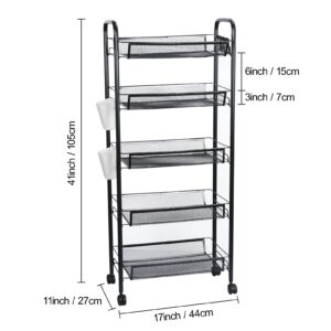 Goodliest Rolling Carts with Wheels, Metal 5 Tier Kitchen Storage Cart with Baskets for Office Bathroom Kitchen Laundry Room Narrow Places (Black)