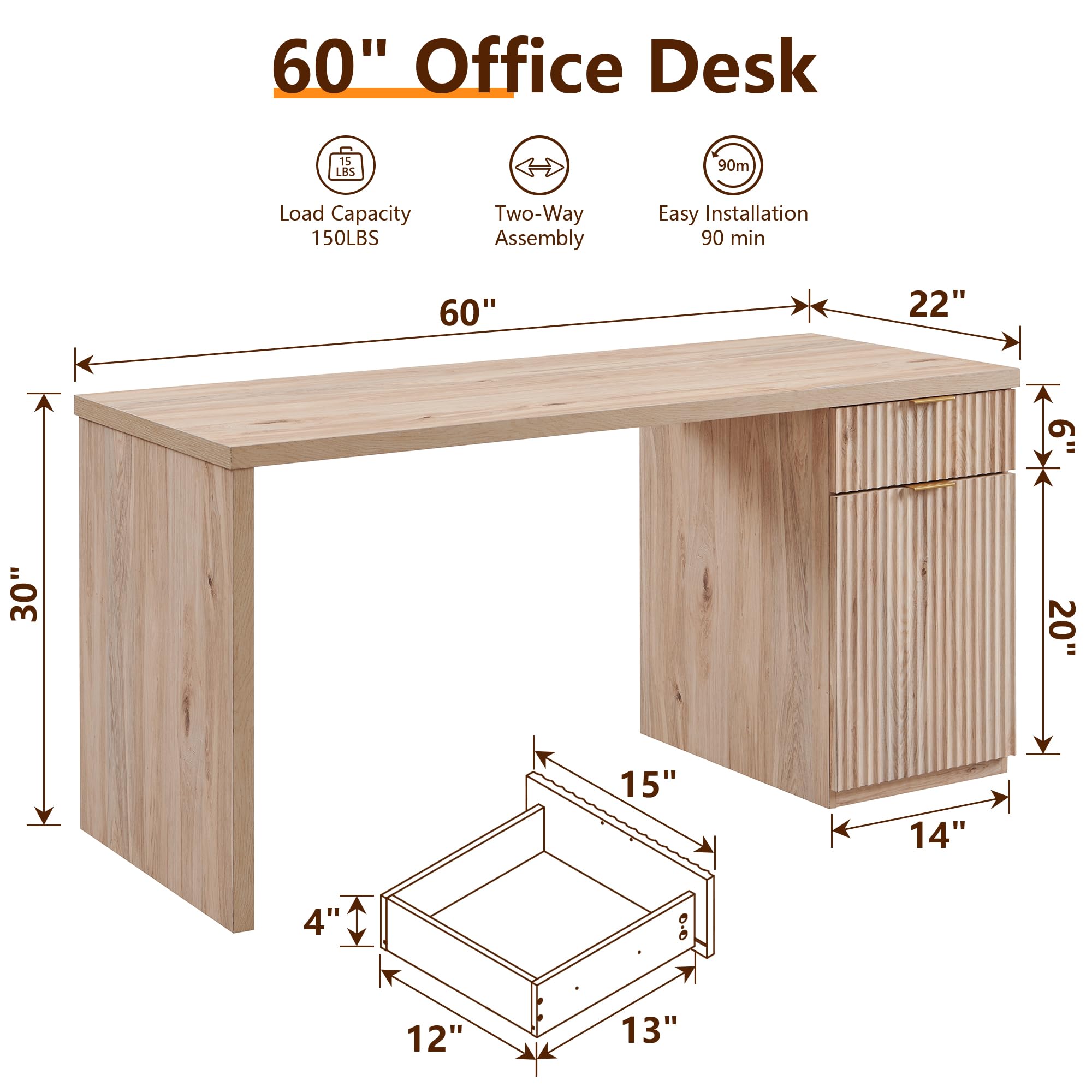 JXQTLINGMU 60" Modern Executive Desk with Storage, Wood Home Office Desk with Drawer & Cabinet, Fluted Computer Writing Desk for Study, Living Room, Bedroom, Natural Oak