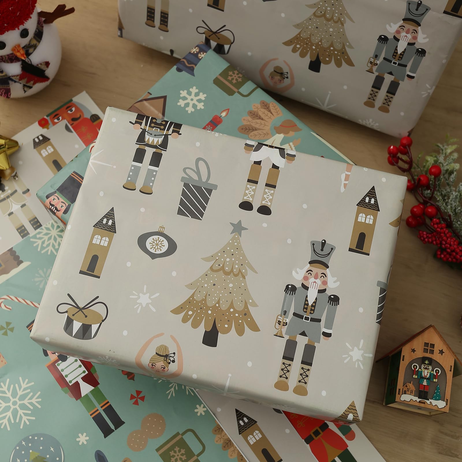 BULKYTREE Christmas Wrapping Paper for Kids Boys Girls Man Women Holiday Party. 6 Large Sheets Gift Wrap 3 Vintage Designs, Nutcracker,Pine and penguins,Snowflake Gifts,26.7 Inch X 37Inch Per Sheet