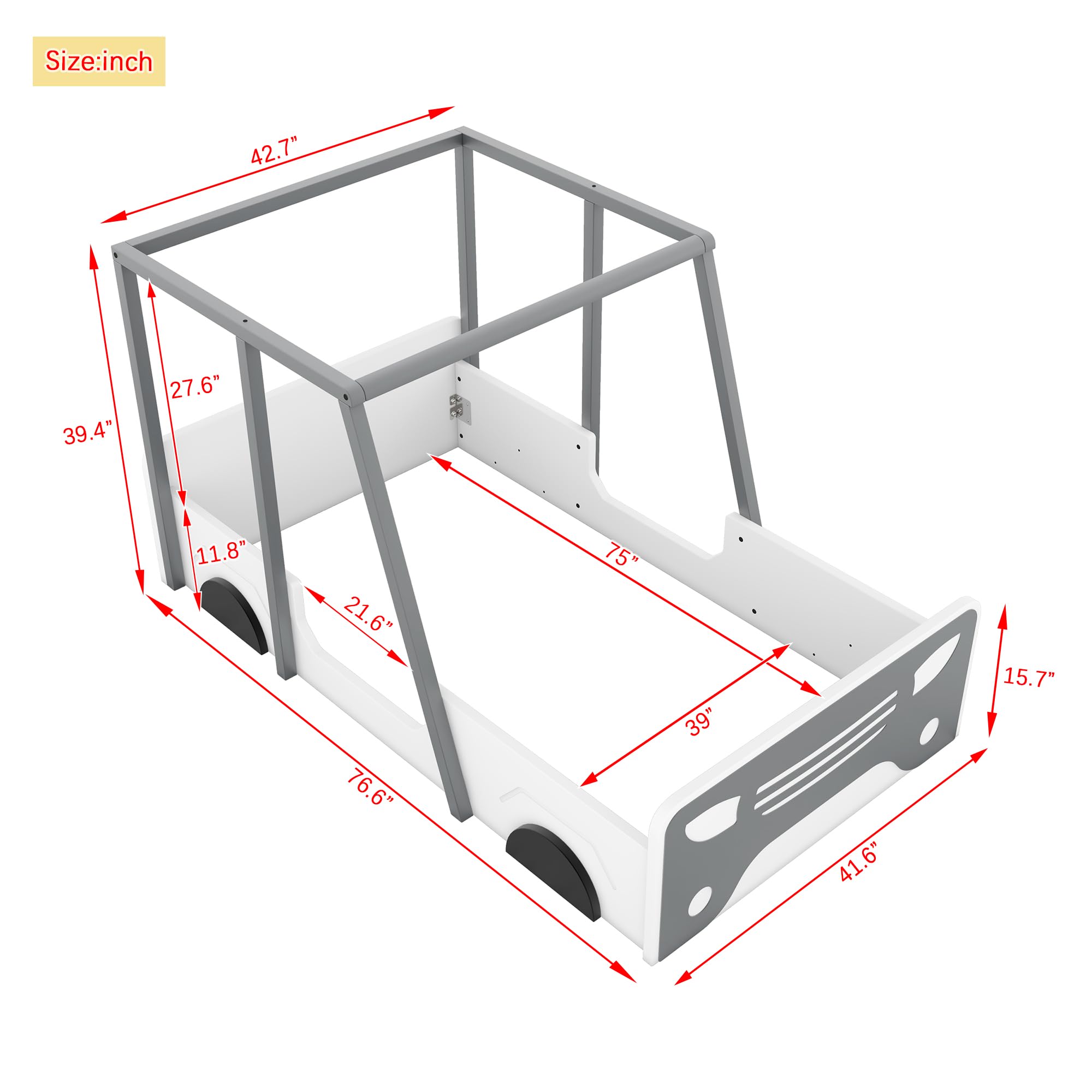 Ball & Cast Car Bed with Roof Frame & Wheels,Twin Size Wooden Montessori Floor Bed W/Door,Platform Bed for Boys Girls Toddlers,Grey