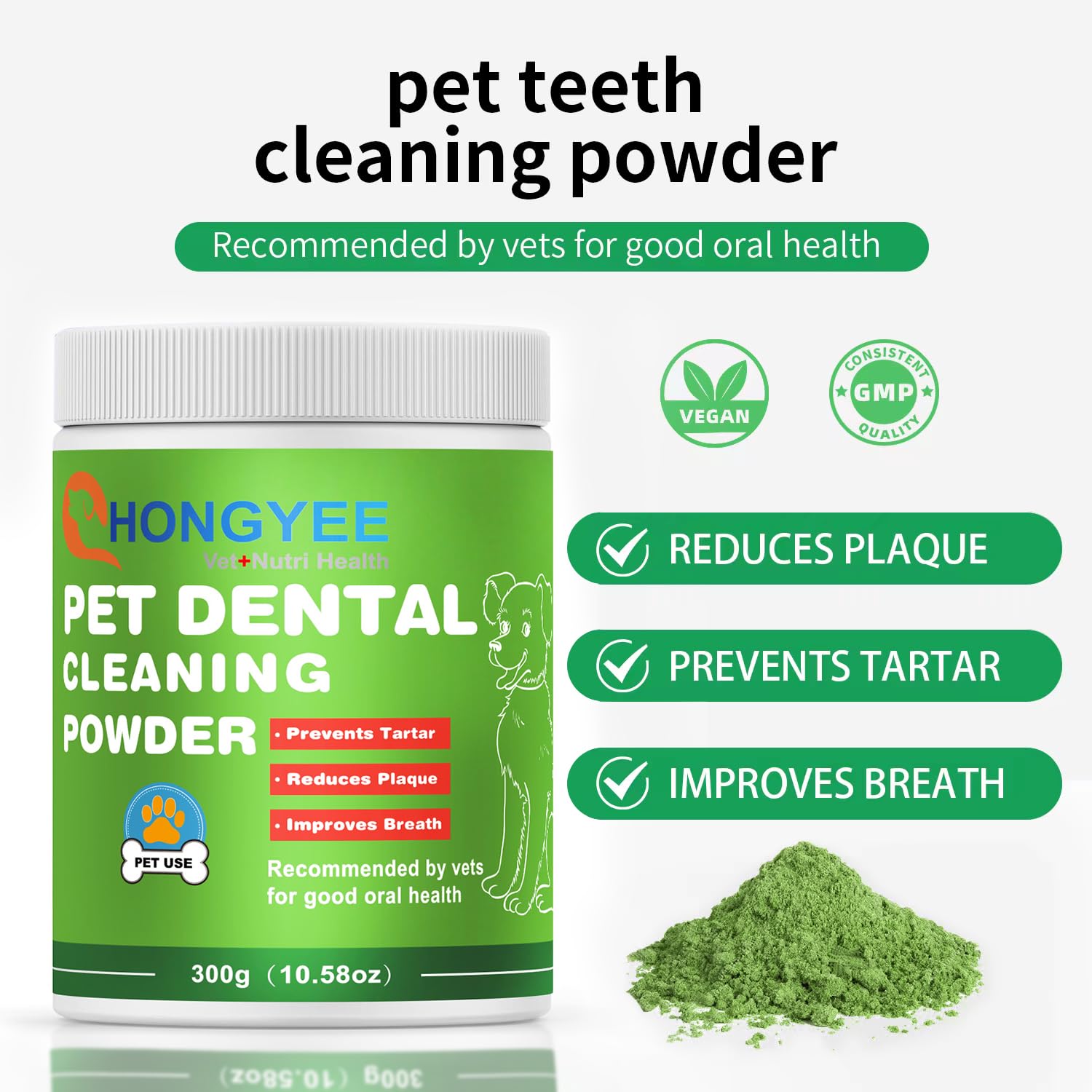 Teeth Cleaning Powder (10.58oz-300 Scoops), Pet Dental Powder for Dogs & Cats Breath Freshener Powder for Bad Breath, Plaque, Tartar Remover, Dental Care Supplies - No Brushing Needed