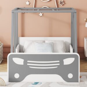 Ball & Cast Car Bed with Roof Frame & Wheels,Twin Size Wooden Montessori Floor Bed W/Door,Platform Bed for Boys Girls Toddlers,Grey