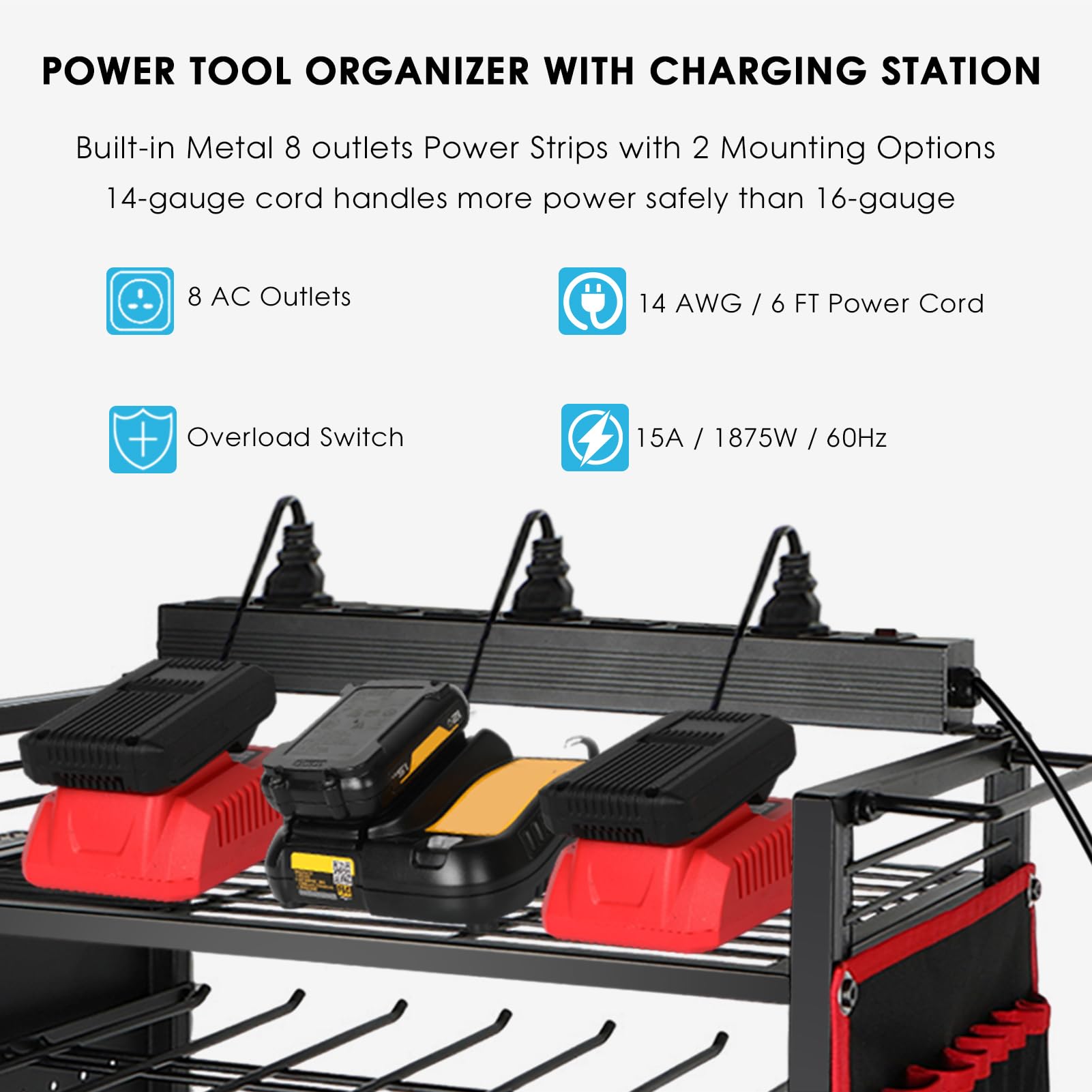 ElecVoztile Power Tool Organizer Cart w/Charging Station, 8 AC Outlets, 8 Drills Holders, 3-Layer Storage Shelves, 4 Wheels w/Brake, More Space for Plier, Screwdriver, Hammer, Wrench, etc (Black)