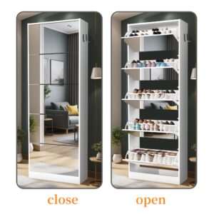 Mirror Shoe Storage Cabinet for Entryway, Narrow Tall Shoe Cabinet Organizer with 5 Tiers, Slim Free Standing Hidden Shoe Cabinet with 5 Flip Drawers for Front Door Entrance, Closet（White）