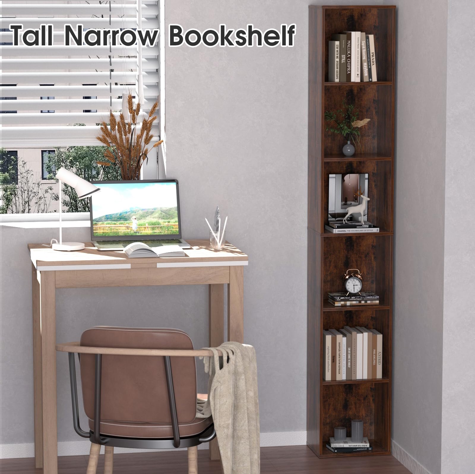 QieerHior Tall Narrow Bookcase 6-Tier Bookshelf Cube Display Shelf Storage Organizer for Small Space for Living Room, Office, Study, Bedroom Brown