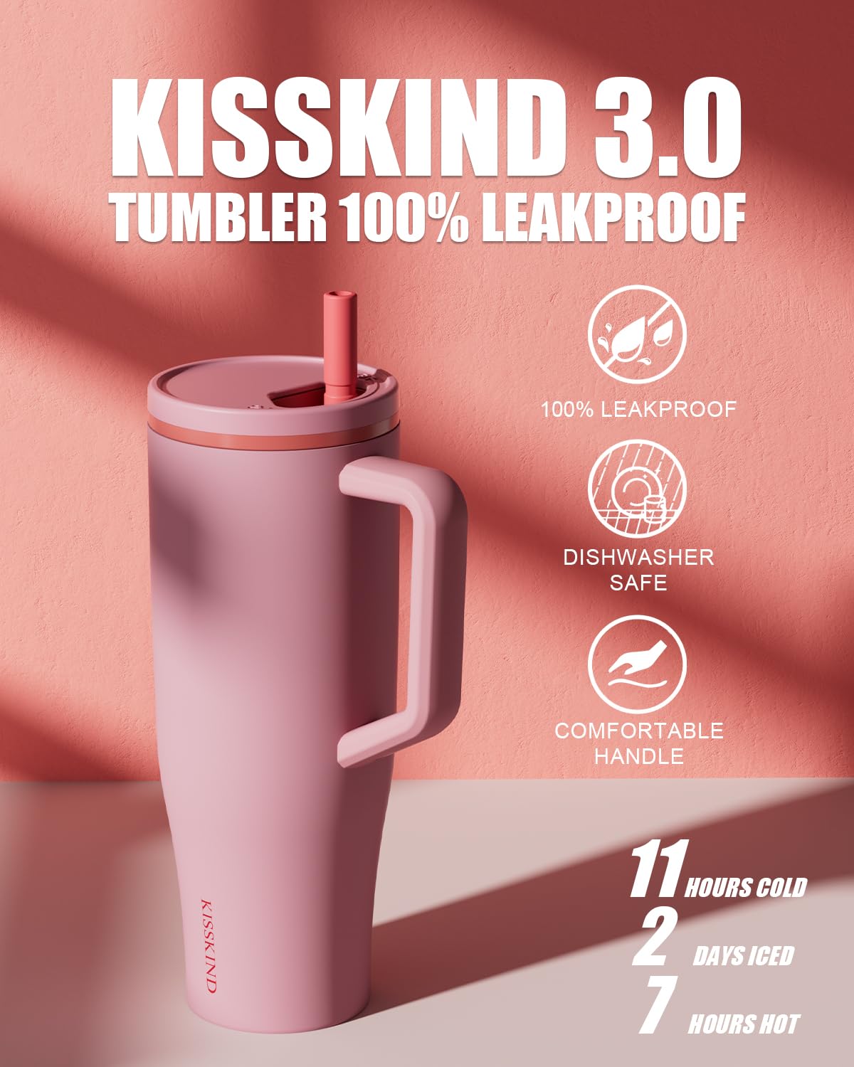 KISSKIND 40 oz Tumbler with Handle and Straw Lid, 100% Leakproof Stainless Steel Vacuum Insulated Cup Travel Coffee Mug Water Bottle, Car Cup Holder Friendly, Rubber Base, Gifts for Women Men (Pink)