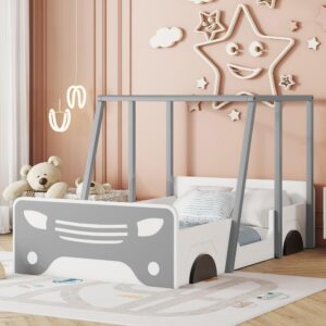 Ball & Cast Car Bed with Roof Frame & Wheels,Twin Size Wooden Montessori Floor Bed W/Door,Platform Bed for Boys Girls Toddlers,Grey