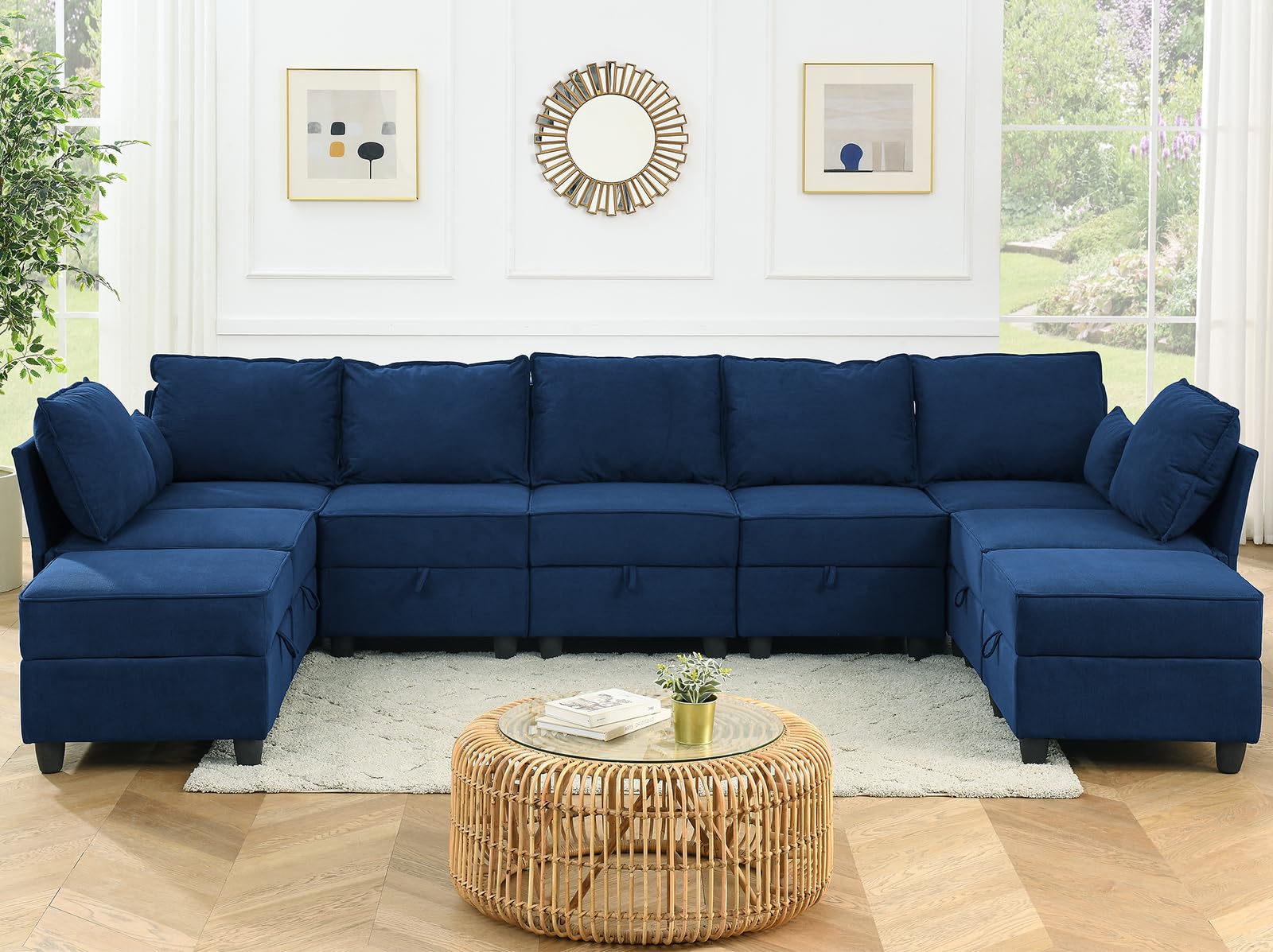 WinJoy 138 Inches 9 Seats Corduroy Storage Modular Sofa, U-Shaped Navy Blue Sectional Sofa with Ottomans for Living Room, Luxury Modular Couch Bed