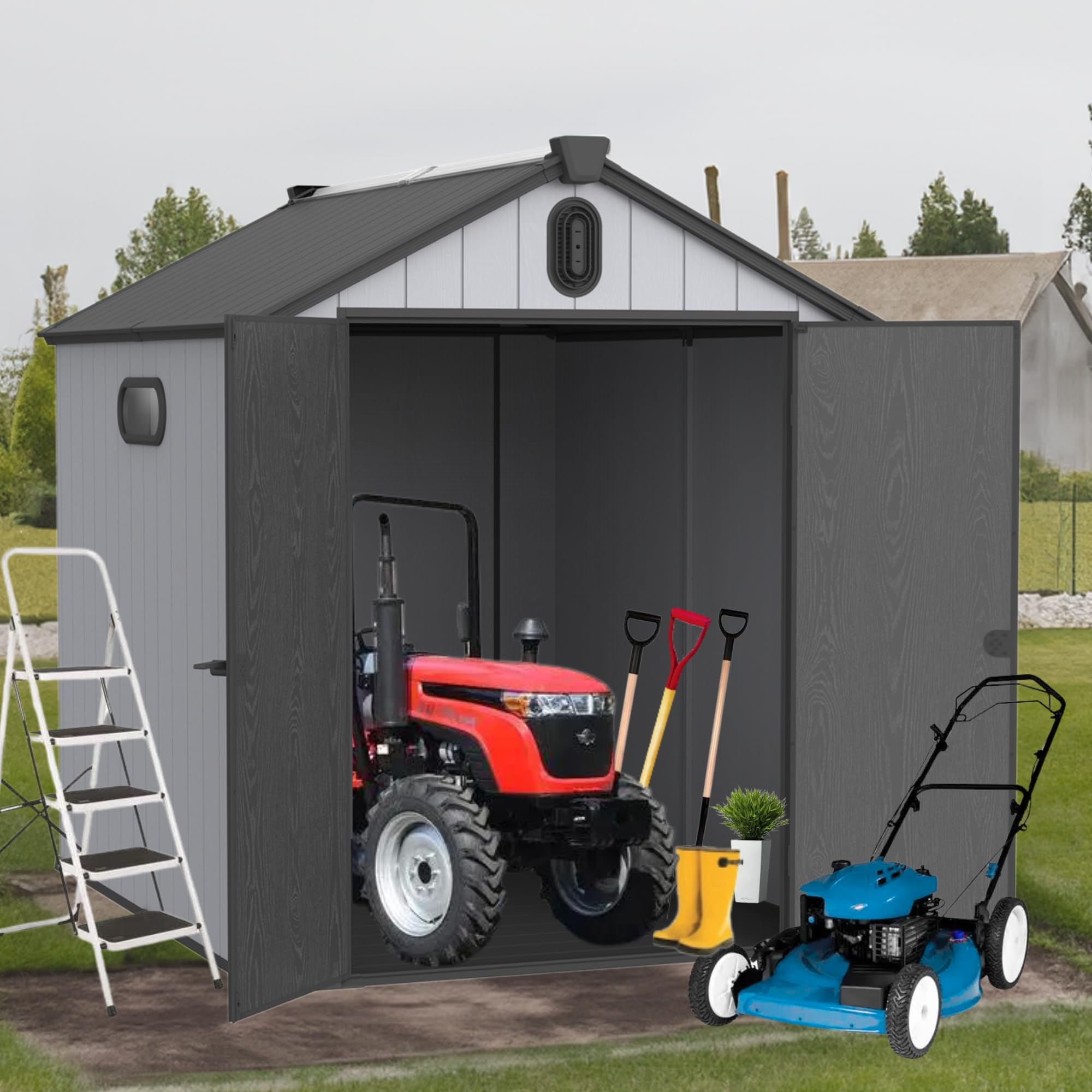 HXCQYGL XWT012 6 * 8ft Plastic Storage shed for Backyard Garden Big Spire Tool Storage (94.49-73.62-87.01)