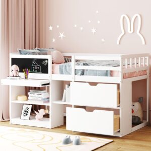 harper & bright designs twin size low loft bed with storage shelves and drawers, wooden twin size loft bed with rolling desk and chalkboard, for kids teens girls boys - white