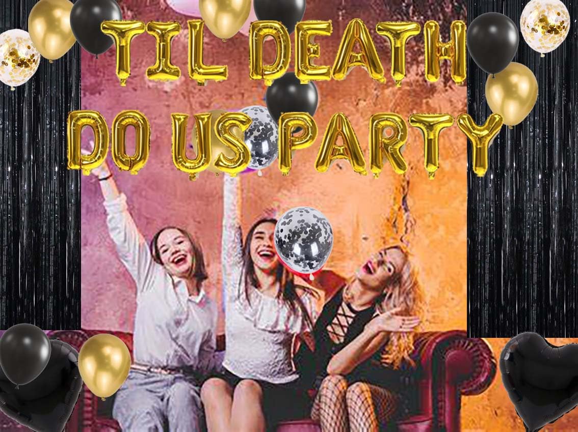 Til Death Do Us Party Balloon Party, Black Gold Bachelorette Party Gothic Bridal Shower Funny Wedding Engagement Party Bride or Die, RIP Single Life Halloween Decorations Supplies