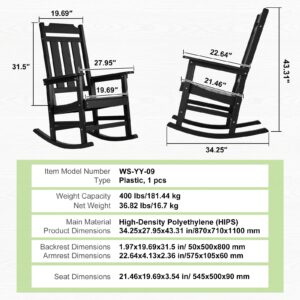 VEVOR Porch Rocker, HIPS Outdoor Rocking Chair, High Back Patio Rocking Chair with Smooth Armrests, Supports up to 400 lbs, for Garden, Balcony, Porch, Black