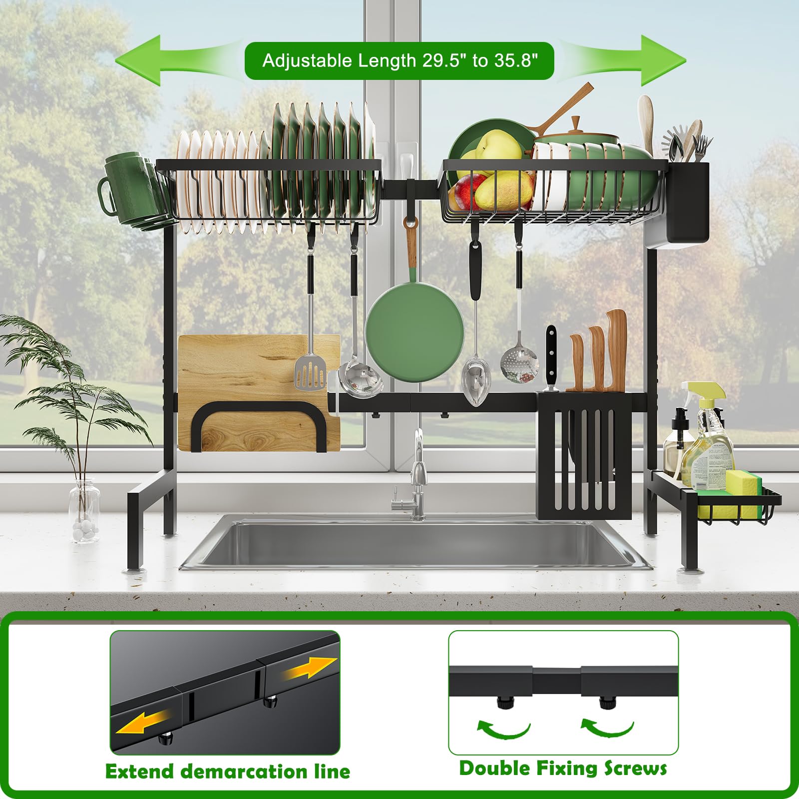 Clothink Over Sink Dish Drainer Drying Rack,Adjustable Dish Drying Rack 29.5" to 35.8" W,Kitchen Sink Drying Rack,Stainless Steel Over The Sink Drying Rack for Kitchen Counter Shelf