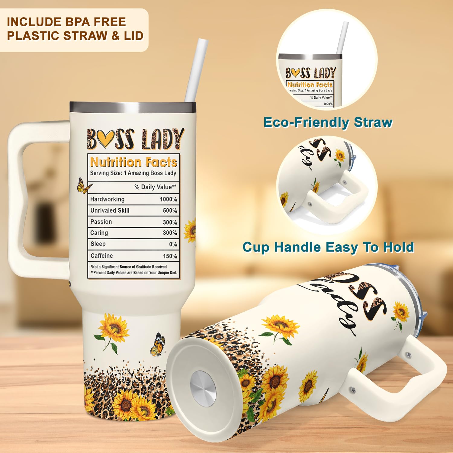 AT2Z GLOBAL Boss Lady Gifts For Women - Sunflower Gifts For Women Boss Day, Administrative Professional Day, Christmas - Thank You Gifts for Boss Lady, Manager - Boss Lady Tumbler 40oz with Handle