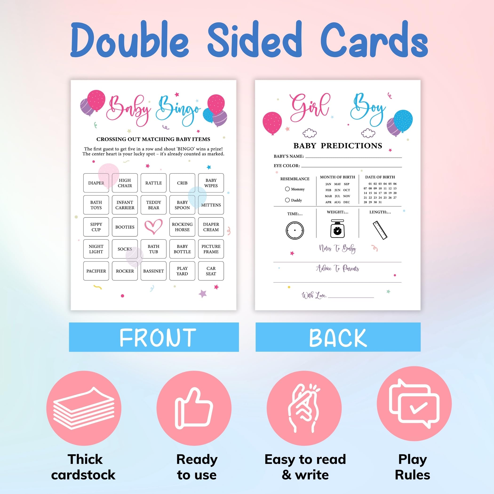 WOODAMORE Baby Gender Reveal Games for Guests - 4 Funny Baby Shower Games for Gender Reveal Party Decoration, Baby Shower Bingo Game, Boy Or Girl Gender Reveal Baby Prediction Cards, Old Wives Tales