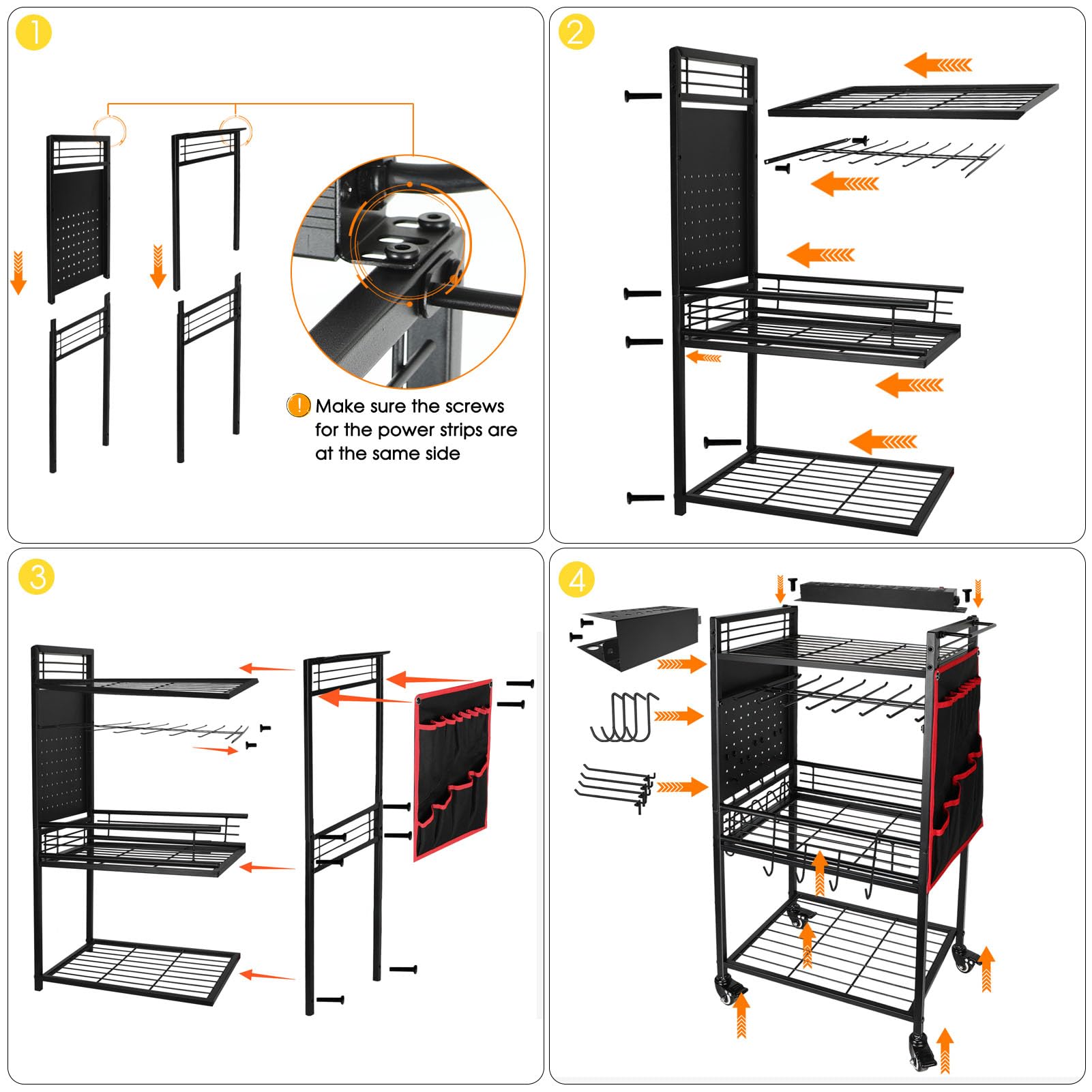 ElecVoztile Power Tool Organizer Cart w/Charging Station, 8 AC Outlets, 8 Drills Holders, 3-Layer Storage Shelves, 4 Wheels w/Brake, More Space for Plier, Screwdriver, Hammer, Wrench, etc (Black)