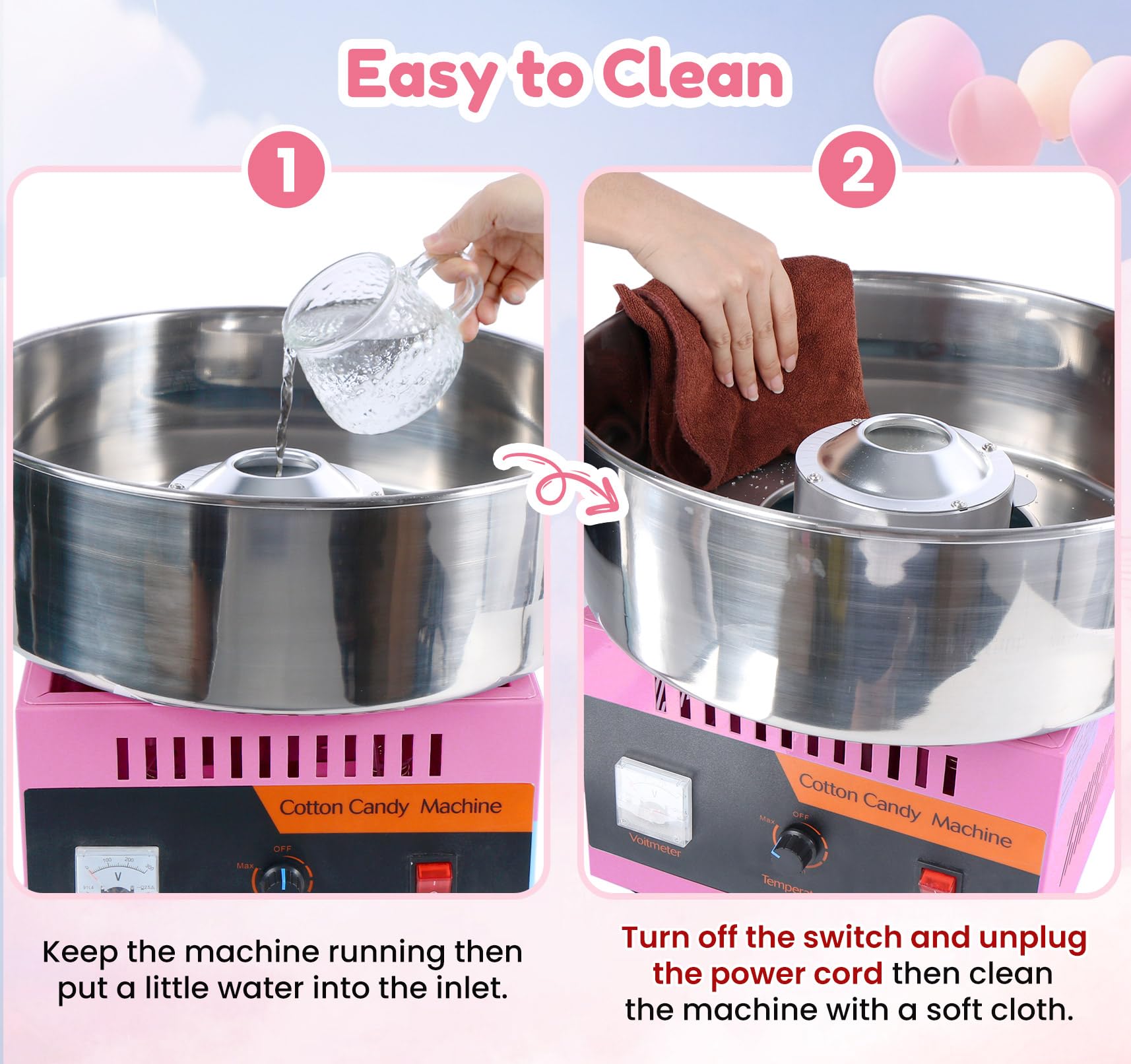 Cotton Candy Machine Commercial, 1000W Electric Cotton Candy Maker Machine, Candy Floss Machine with Stainless Steel Bowl and Sugar Scoop for Kids Birthday, Family Party Pink