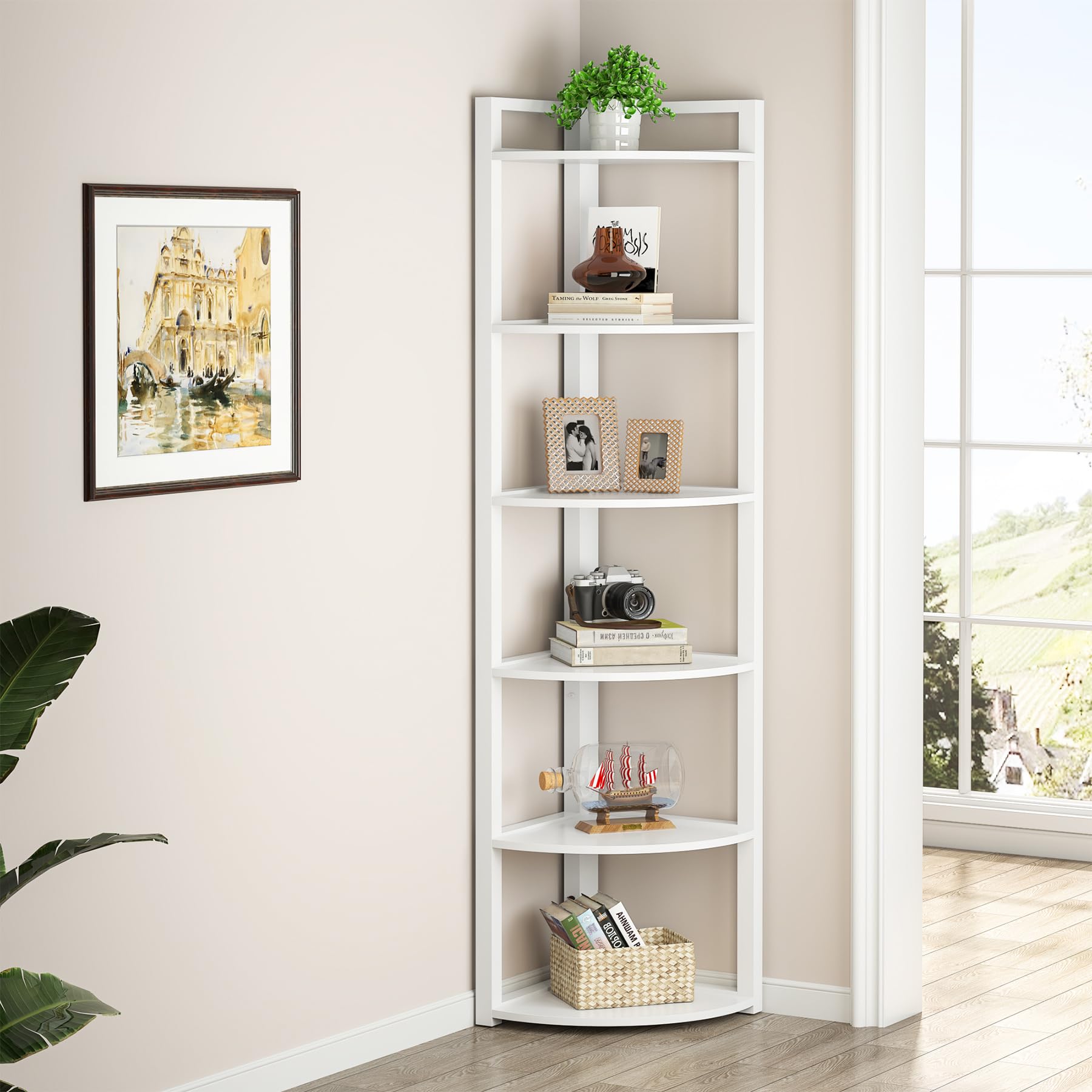 TRIBESIGNS WAY TO ORIGIN Corner Shelf, 70.9 Inch Tall Corner Bookshelf, 6 Tier Ladder Shelf with Metal Frames Multifunctional Modern Bookcase for Living Room, Home Office, Kitchen, Small Space (White)