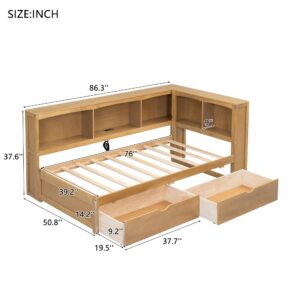 SOFTSEA Twin Size Daybed with Bookcase Headboard & Drawers, L-Shaped Platform Bed with Charging Station, Wood Twin Corner Bed Frame with Storage for Kids Teens Adults, No Box Spring Needed, White