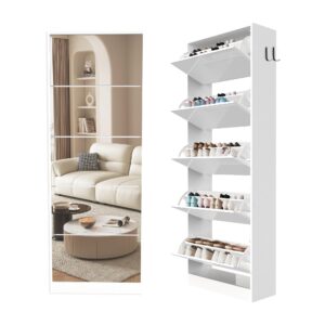 mirror shoe storage cabinet for entryway, narrow tall shoe cabinet organizer with 5 tiers, slim free standing hidden shoe cabinet with 5 flip drawers for front door entrance, closet（white）