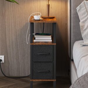 VIMBER Narrow Side Table for Small Spaces, Skinny End Table with Charging Station, Sofa Beside Table with 2 Drawers 1 Open Compartment, Slim Nightstand with USB Ports Outlet, Rustic and Brown UTBT004F