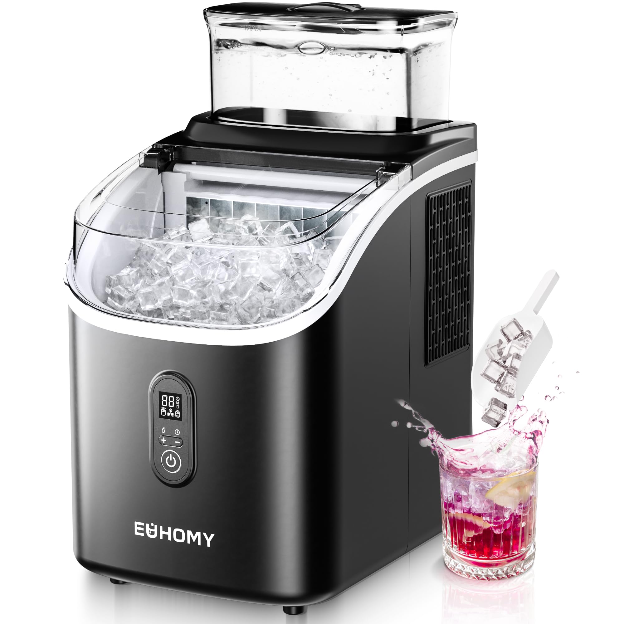 EUHOMY Ice Cube Maker Machine Countertop with External Water Tank, 34Lbs, 16Pcs Ready in 13 Mins, 2 Ways to Add Water, Auto-Cleaning, with Ice Scoop & Basket, for Home/Kitchen/Office/Bar (Black)