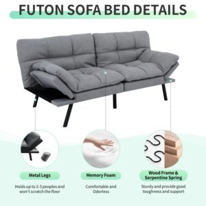 MUUEGM Futon Sofa Bed Modern Folding Futon Set, Convertible Recliner for Living Room,Small & Compact Spaces, Metal Legs,Easy Assembly，Adjustable Backrest&Armrests, Linen,Light Gray.