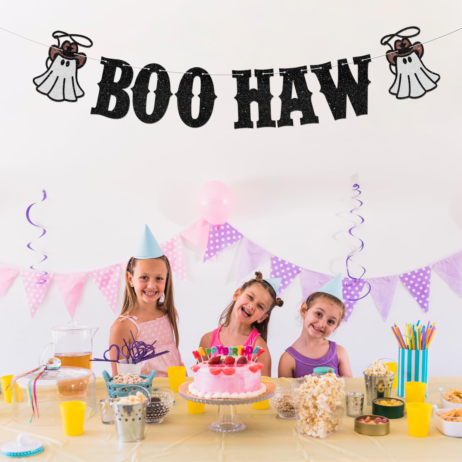 Boo Haw Banner for Halloween Party Decorations | Glittery Cowboy Ghost Hanging Decor | Western Theme Halloween Birthday Baby Shower Party Decoration Supplies