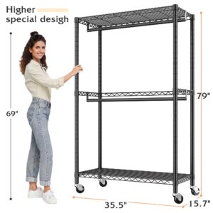 Raybee Clothes Rack 79''H Heavy Duty Clothing Rack with Wheels Adjustable Clothing Racks for Hanging Clothes Portable Rolling Clothes Rack Metal Garment Rack 79" H X35.5 W X15.7 D,Black